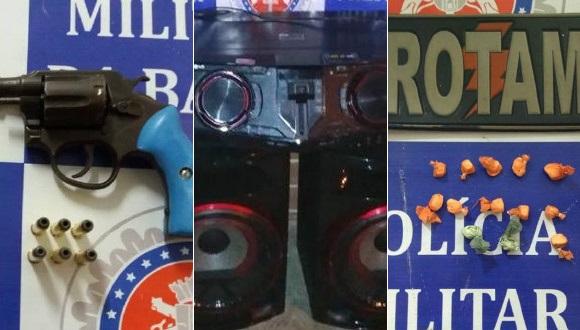 Ações da PM nas últimas horas: apreensão de som, arma de fogo e tráfico da Praça das Mangueiras