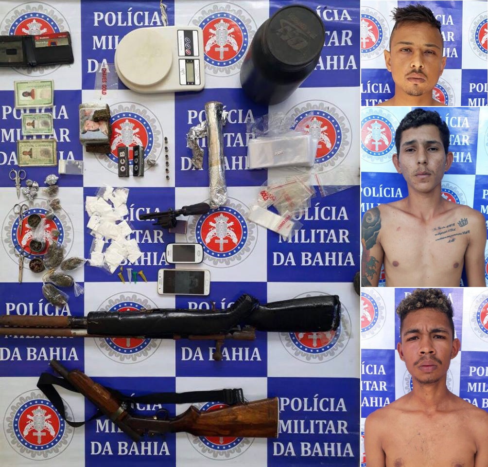 Polícia Militar apreende armas, drogas e apresenta suspeitos na delegacia de Jeremoabo