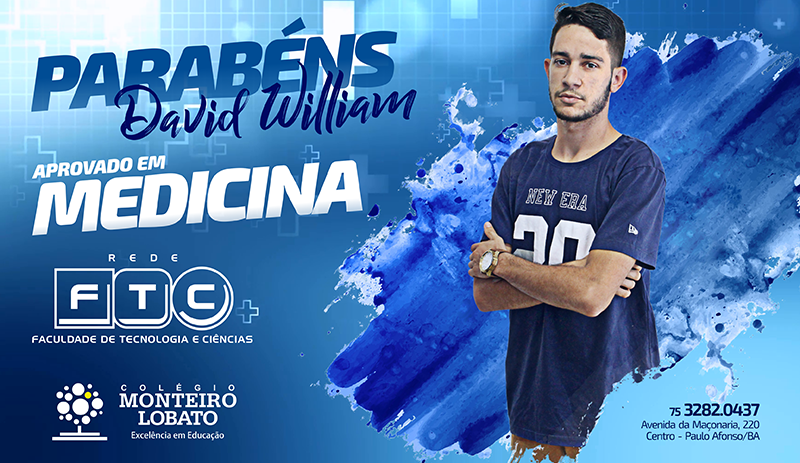 David William, aprovado em Medicina, mais um fruto da excelência em educação do Colégio Monteiro Lobato