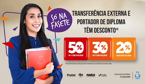 Segunda graduação ou transferência com benefícios de 50%, 30% e 20% nas mensalidades
