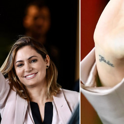 Em Brasília, Michele Bolsonaro mostra tatuagem com nome do marido
