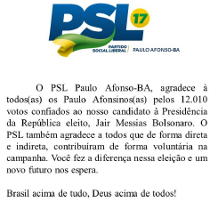 PSL agradece por votação de Bolsonaro em Paulo Afonso