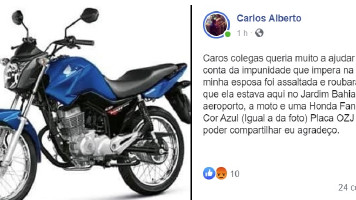 Mulher é assaltada no Jardim Bahia e após ter moto roubada, marido faz apelo nas redes sociais