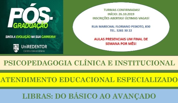 Pós-Graduação UniREDENTOR: início neste sábado dia 27/10 às 08h da manhã, NÃO PERCA TEMPO!