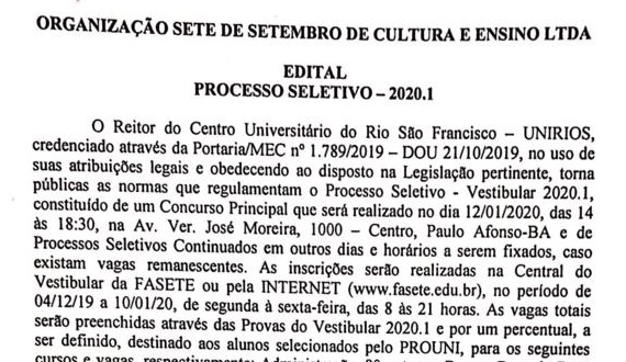 Confira o Edital do Vestibular 2020.1 do Centro Universitário do Rio São Francisco – UNIRIOS