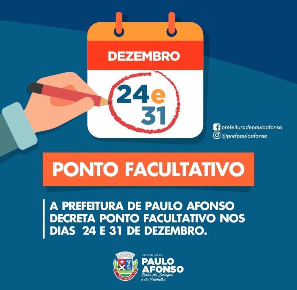 Prefeitura decreta ponto facultativo nos dias 24 e 31 de dezembro