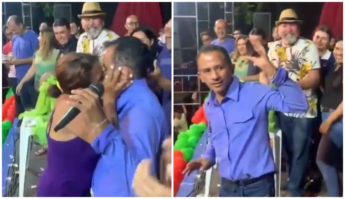 Autor do hit ‘Caneta Azul’ é agarrado e beijado em show; assista