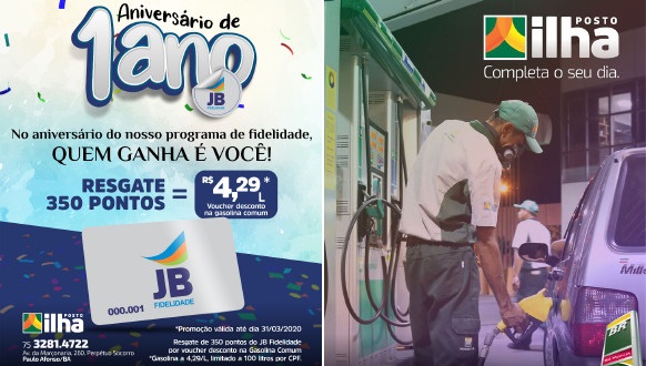 No 1º aniversário do Programa JB Fidelidade quem ganha é você! Resgate 350 pontos = R$ 4,29 gasolina
