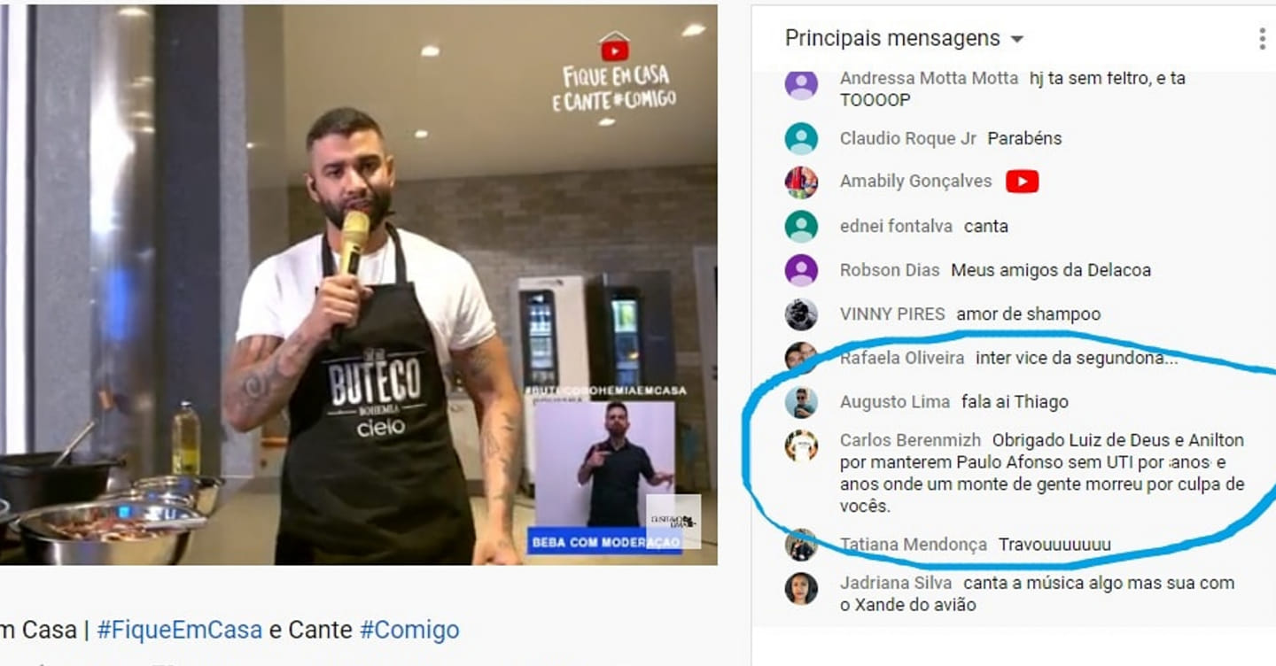 Crítica na live de Gusttavo Lima: “Obrigado Luiz e Anilton por manterem Paulo Afonso sem UTI por anos”