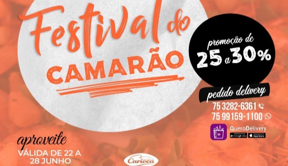 Festival do Camarão do Rancho da Carioca! De 22 a 28/06 (Delivery com promoção de até 30%)