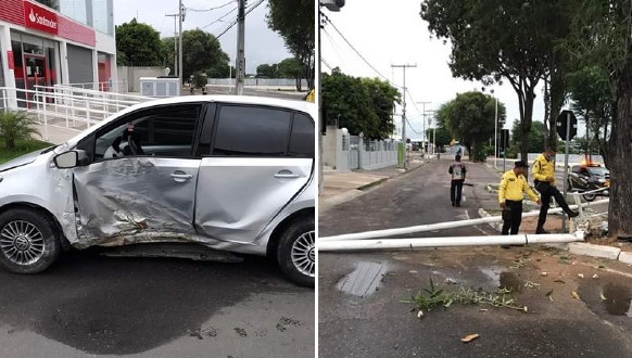 Carro derruba poste após colisão em frente ao banco Santander no centro de Paulo Afonso
