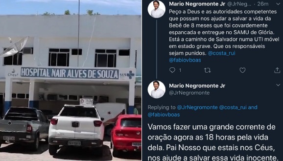 Glória (BA): bebê de 8 meses é levada em UTI Móvel para Salvador após espancamento; dep Mário Júnior pede orações