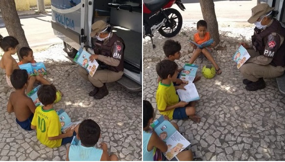 Policial promove roda de leitura com crianças que todos os dias visitam posto da PM em Paulo Afonso