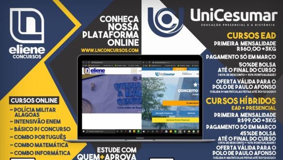 LN está vários cursos online para Concursos, e tem promoção na UniCesumar Polo Paulo Afonso (matrículas abertas)