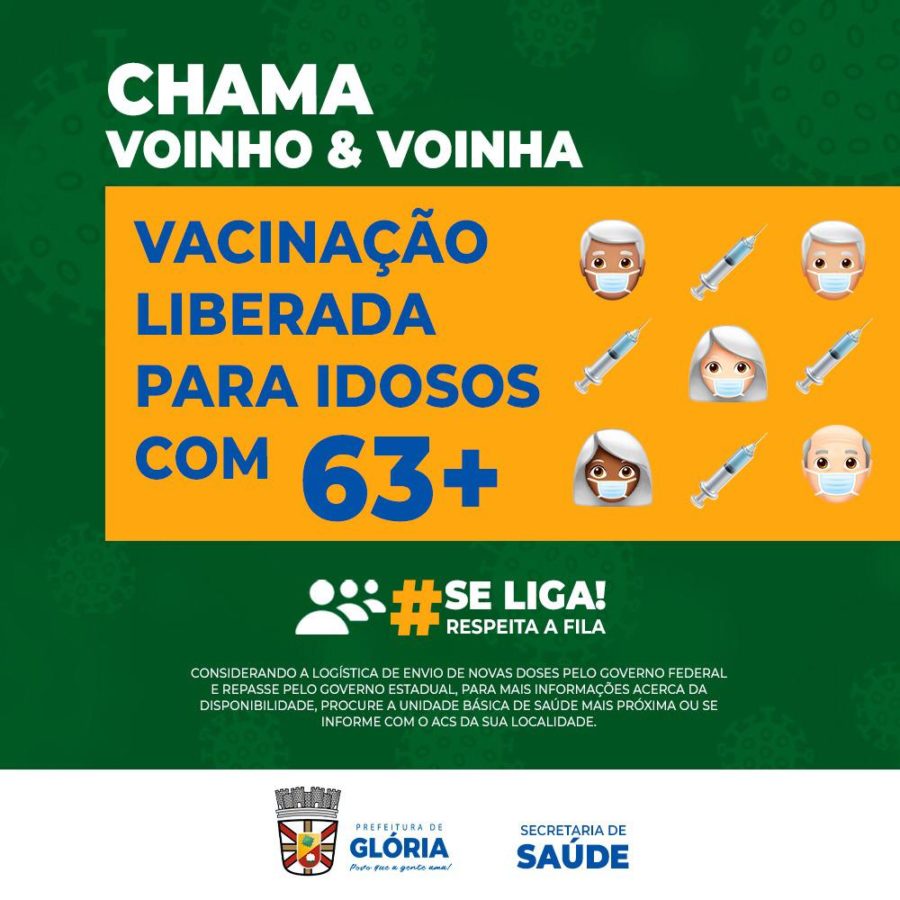 Covid-19: Prefeitura de Glória (BA) anuncia vacinação para pessoas a partir de 63 anos