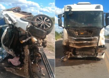 Duas pessoas morrem durante batida entre carreta e carro de passeio no entroncamento de Ibó, em Abaré-BA