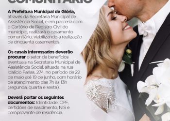 Glória-BA promove casamento comunitário para regularizar uniões de baixa renda e garantir direitos familiares e patrimoniais