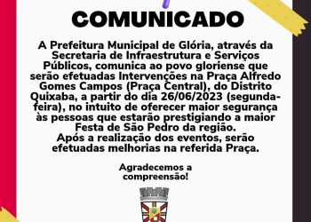 Prefeitura de Glória anuncia intervenções na praça central da Quixaba para garantir segurança durante a festa de São Pedro