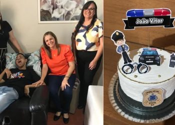 Paulo Afonso: jovem com paralisia cerebral ganha festa surpresa e conhece equipe policial que salvou mãe dele de violência doméstica