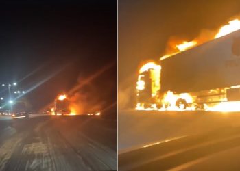 Carreta pega fogo no posto fiscal na BR-423 em Delmiro Gouveia, AL