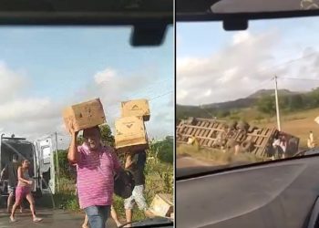 Carreta tomba na BR-110 e carga de sandálias é saqueada por moradores em Antas, BA