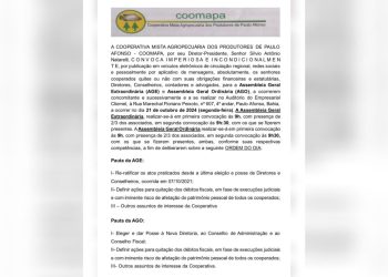 Cooperativa Mista Agropecuária dos Produtores de Paulo Afonso convoca assembleias para eleição de nova diretoria e quitação de débitos fiscais
