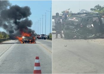 Grave acidente de trânsito na BA-210 em Paulo Afonso envolve viatura da Polícia Civil e carro que pegou fogo (VÍDEOS)