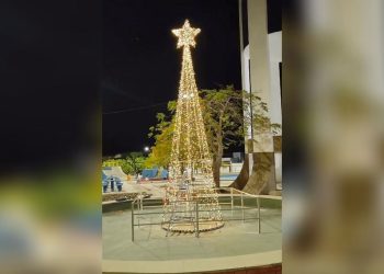 Sem ornamentação da prefeitura de Paulo Afonso, praça do BNH ganha árvore de Natal por iniciativa de comerciante