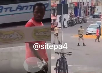 Homem com faca causa tumulto no centro comercial de Paulo Afonso e é detido pela Polícia Militar; veja vídeos de toda ação