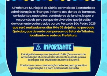 Prefeitura de Glória-BA emite comunicado a barraqueiros e ambulantes sobre a Festa de São Pedro na Quixaba